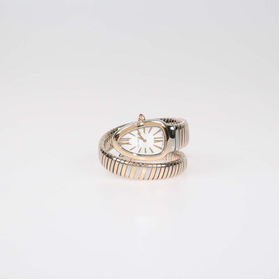Bvlgari White Opaline Guilloché Soleil Dial 18K Rose Gold Stainless Steel Serpenti Tubogas Watch 35 mm