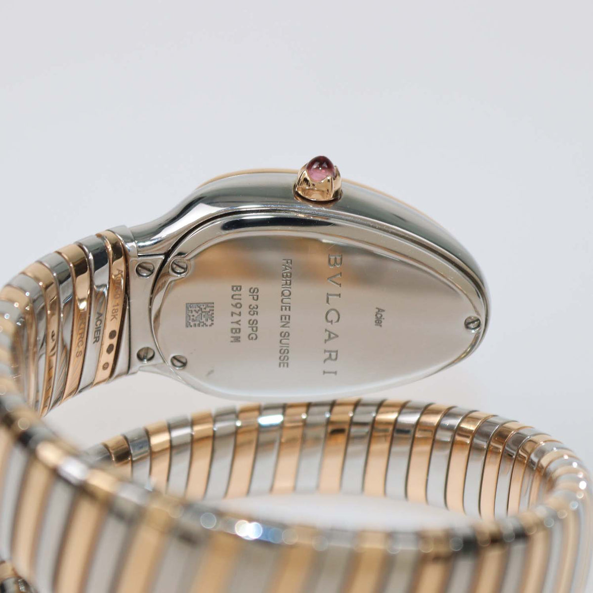 Bvlgari White Opaline Guilloché Soleil Dial 18K Rose Gold Stainless Steel Serpenti Tubogas Watch 35 mm