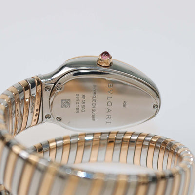 Bvlgari White Opaline Guilloché Soleil Dial 18K Rose Gold Stainless Steel Serpenti Tubogas Watch 35 mm