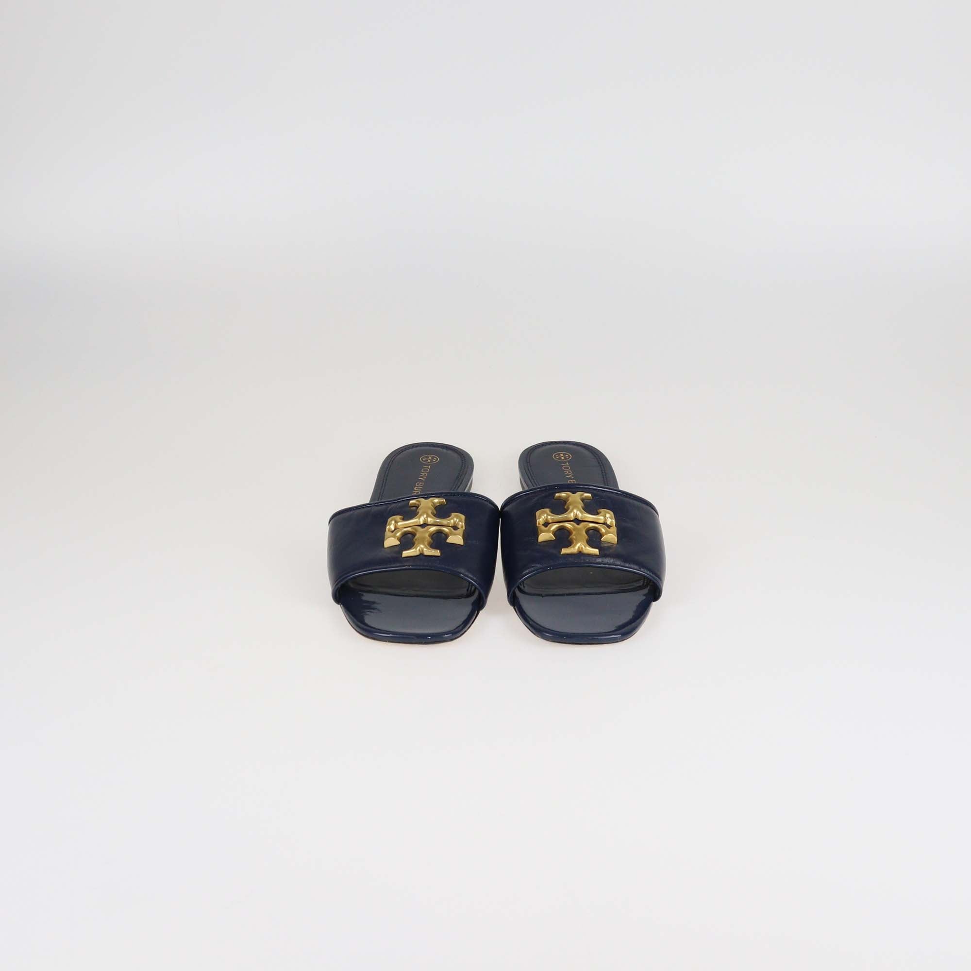 Tory Burch Navy Blue Leather & Patent Leather Eleanor Slides