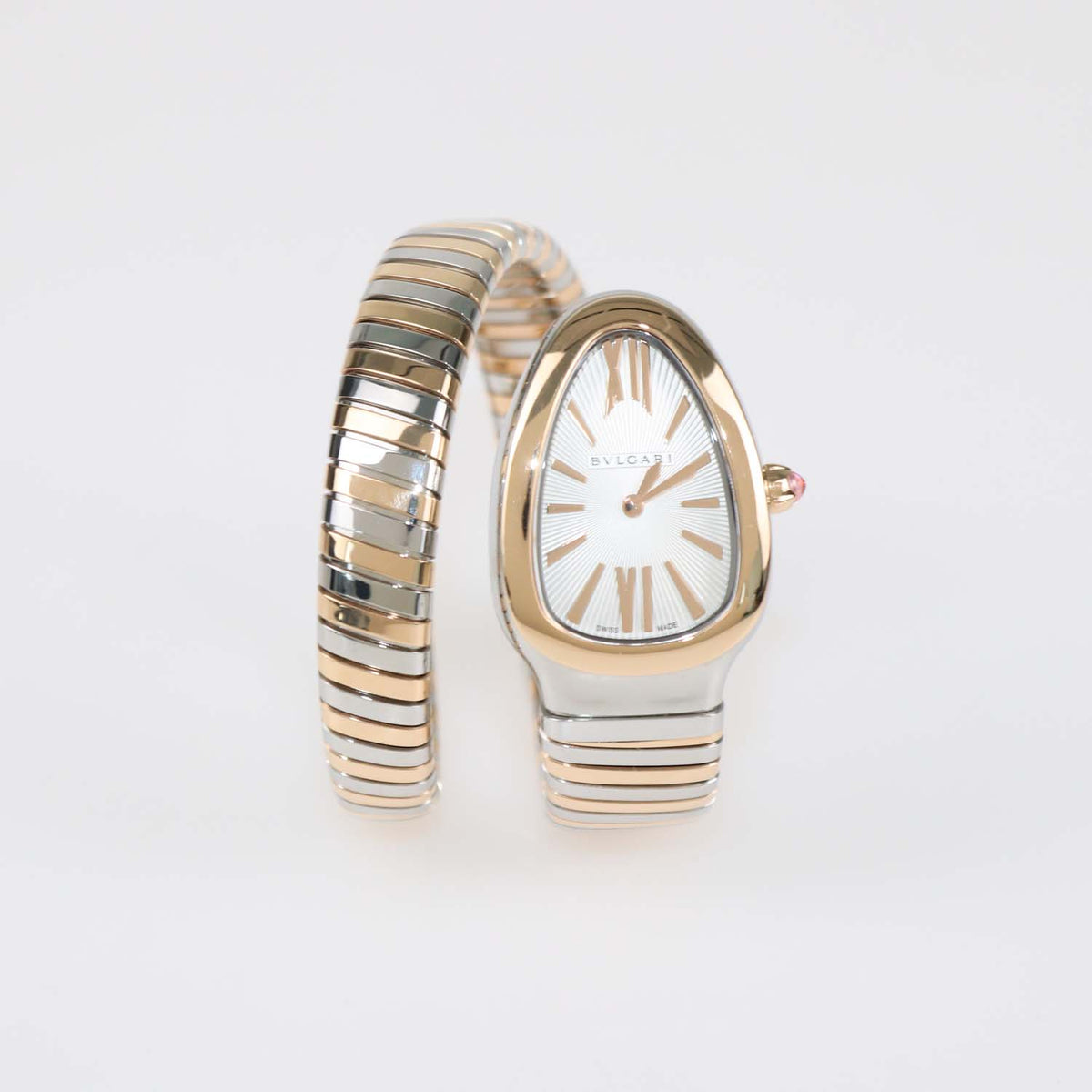 Bvlgari White Opaline Guilloché Soleil Dial 18K Rose Gold Stainless Steel Serpenti Tubogas Watch 35 mm