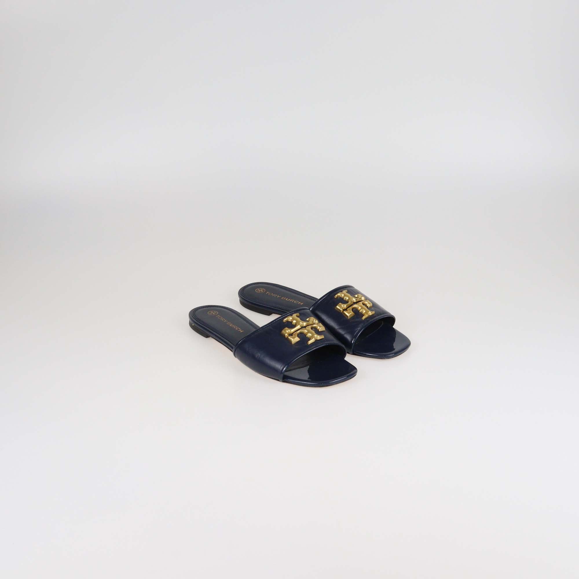 Tory Burch Navy Blue Leather & Patent Leather Eleanor Slides