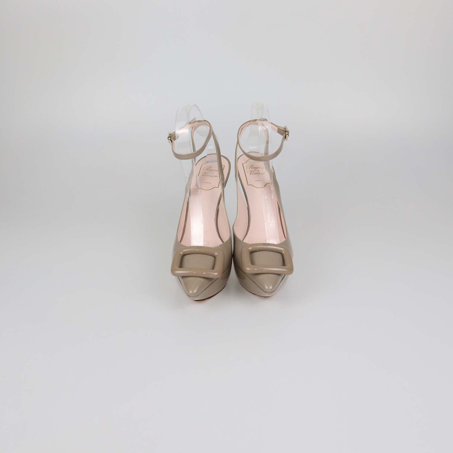Roger Vivier Beige Patent Leather Viv Choc Buckle Slingback Pumps