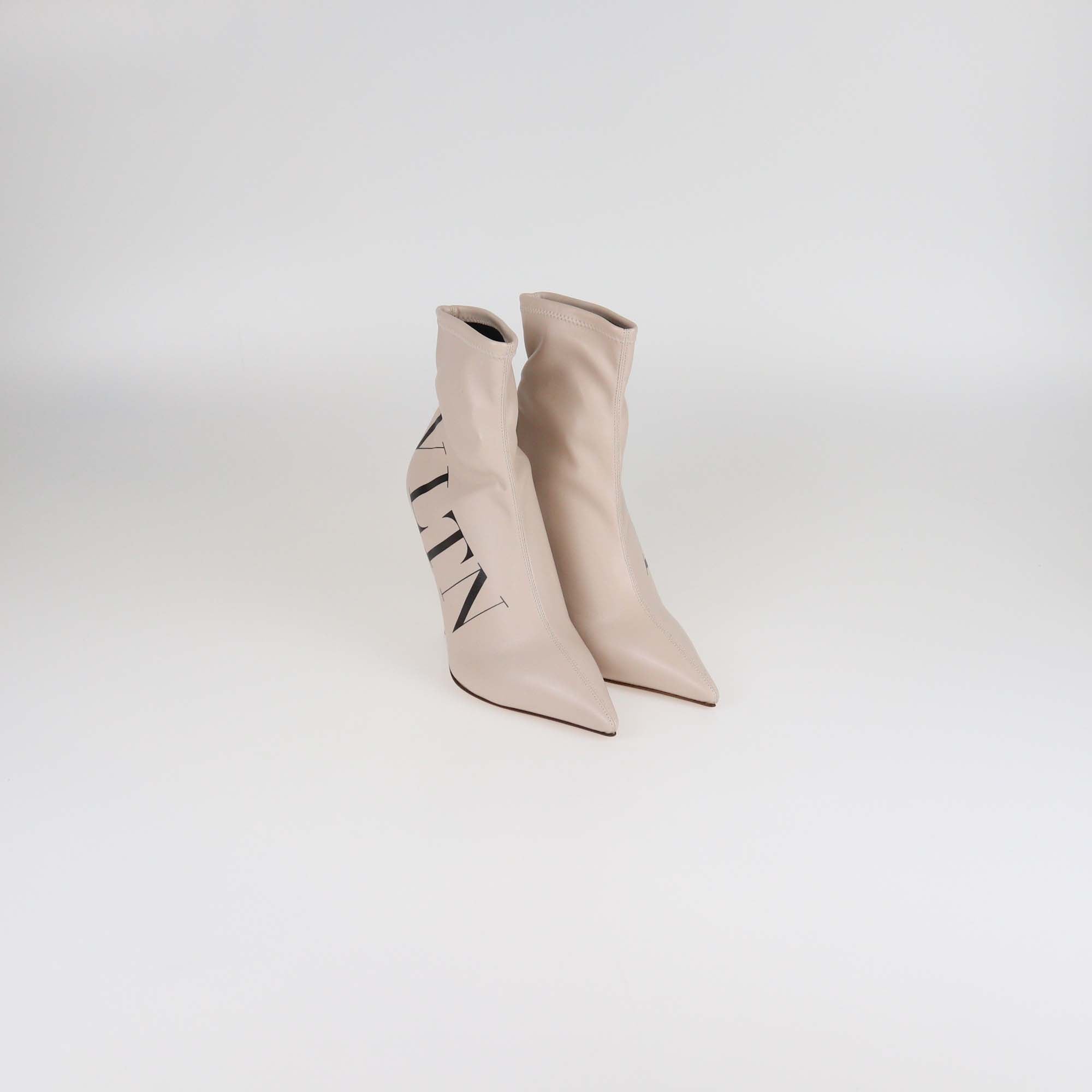 Valentino Beige Leather VLTN Pointed Toe Booties