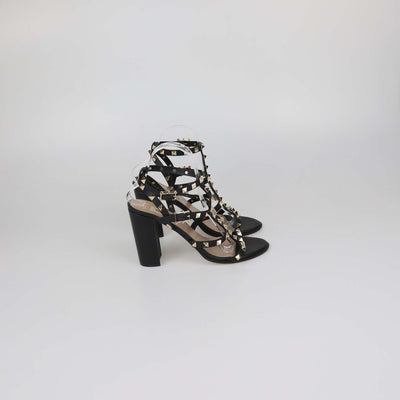 Valentino Black Leather Rockstud Ankle Strap Sandals 90