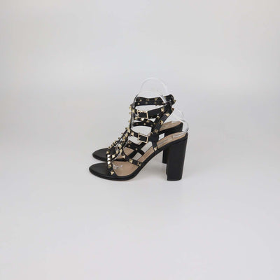Valentino Black Leather Rockstud Ankle Strap Sandals 90