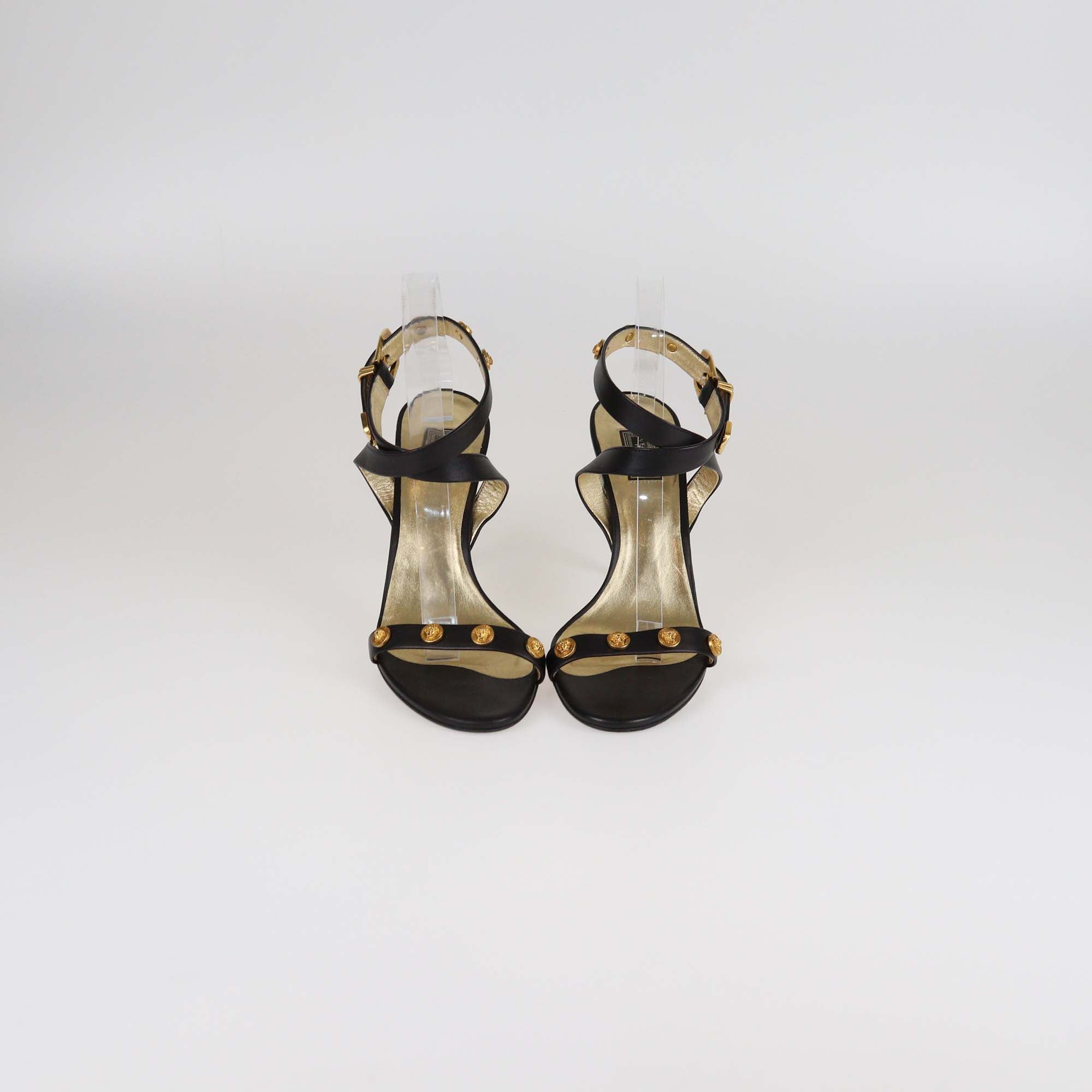 Versace Black/Gold Leather Medusa Studded Ankle Strap Sandals