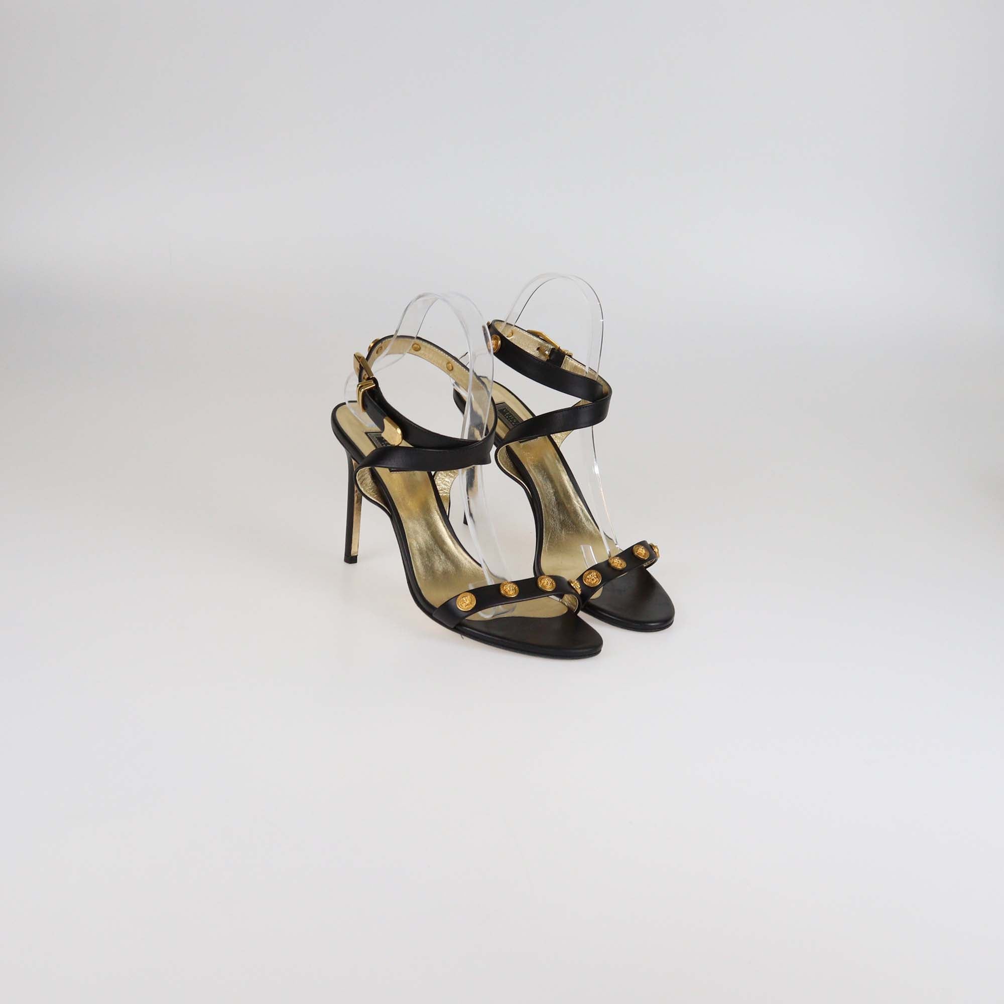 Versace Black/Gold Leather Medusa Studded Ankle Strap Sandals