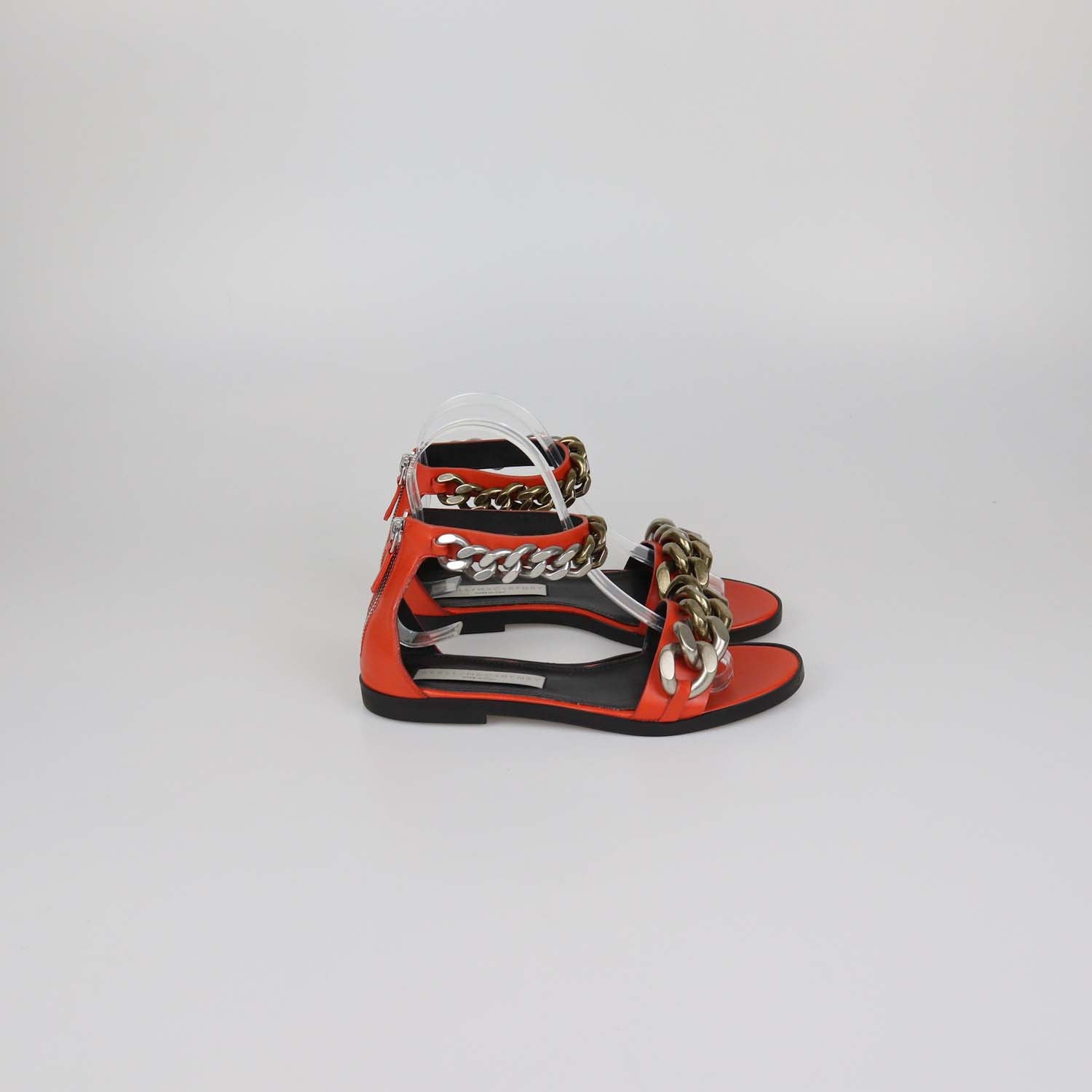 Stella McCartney Orange Faux Leather Falabella Ankle Strap Flat Sandals