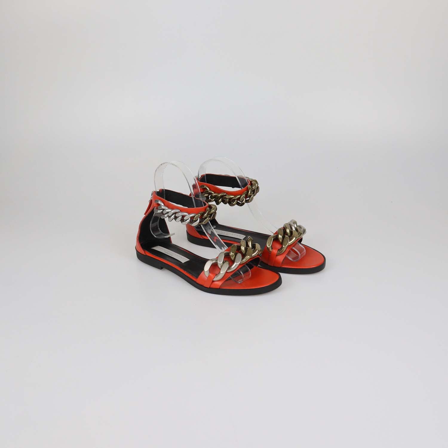 Stella McCartney Orange Faux Leather Falabella Ankle Strap Flat Sandals