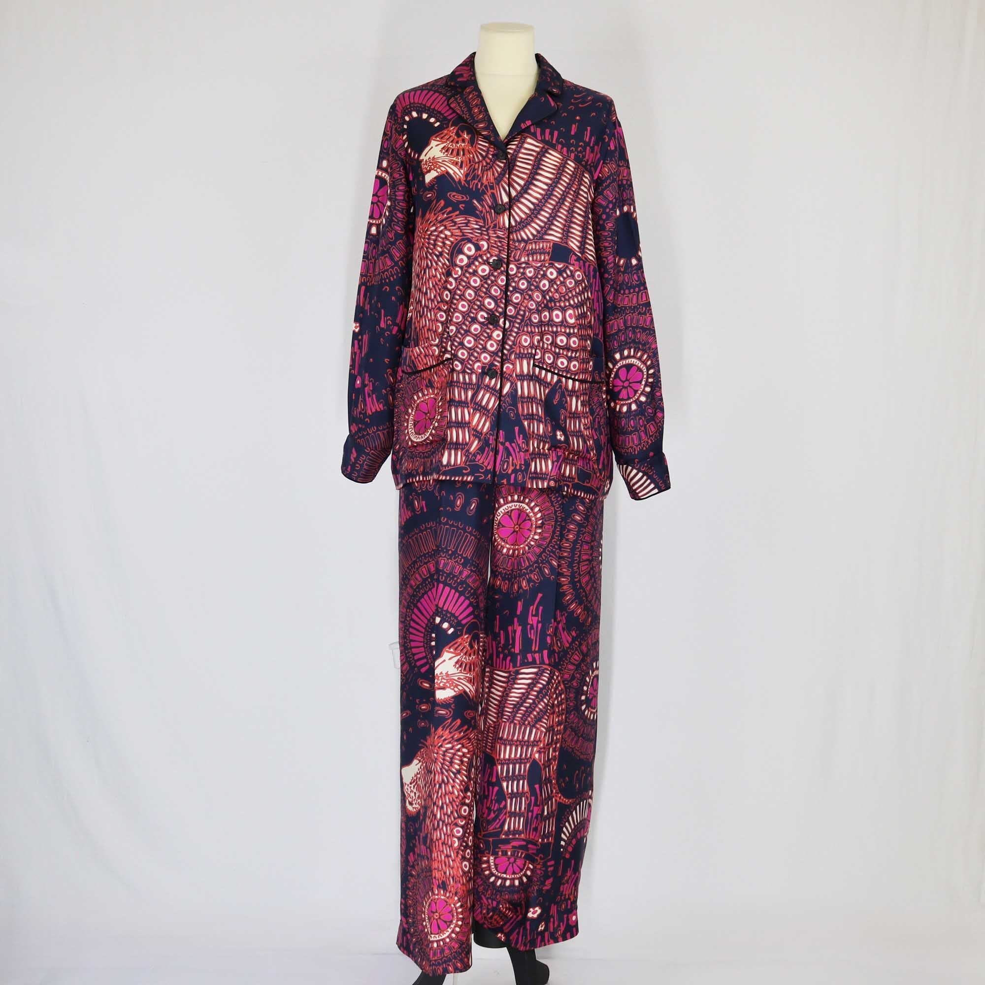 Christian Dior Pink/Navy Blue Kaleidoscope Animal Print Longsleeve Shirt & Pants Set Clothing Christian Dior 