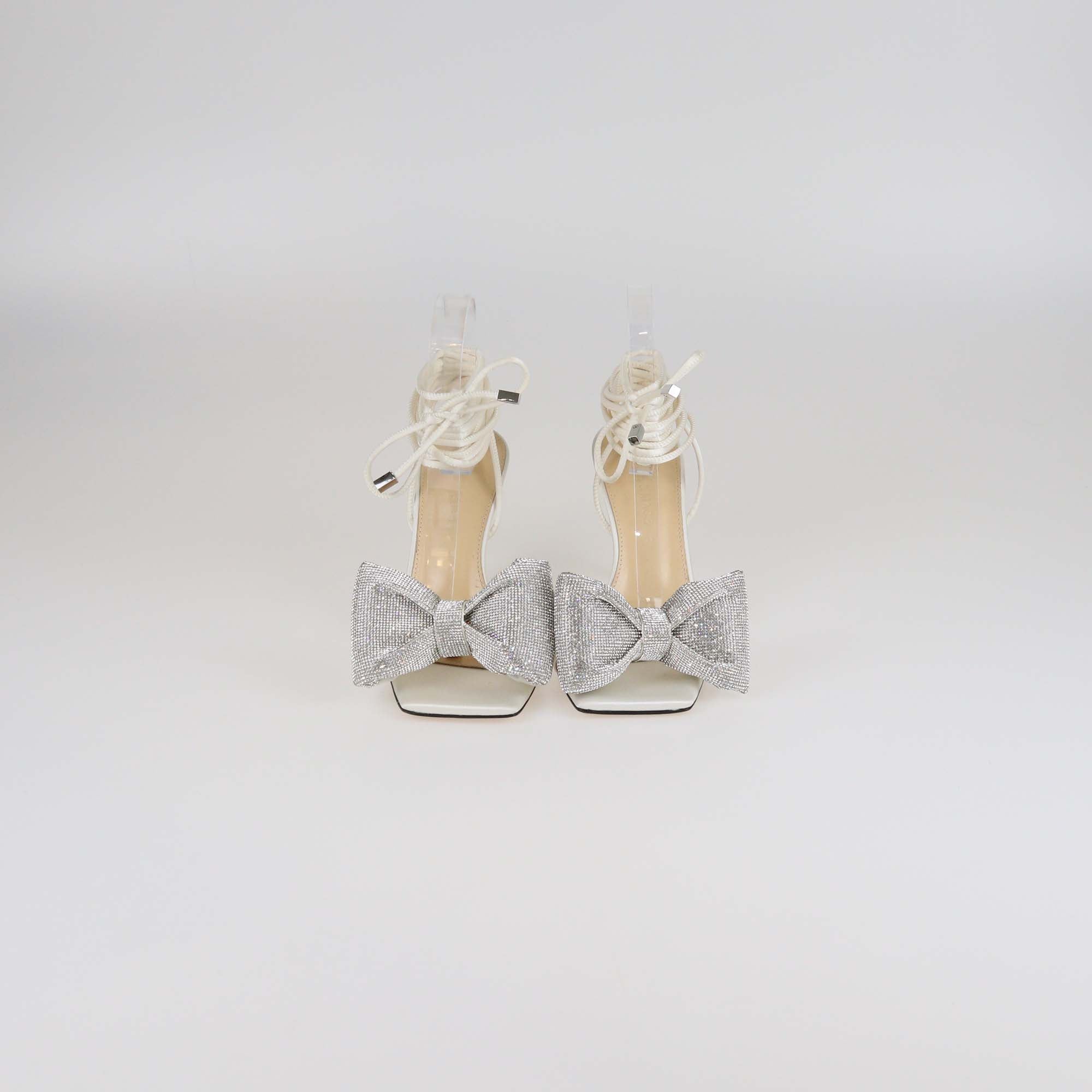 Mach & Mach White/Silver Leather & Crystal Bow Ankle Wrap Sandals