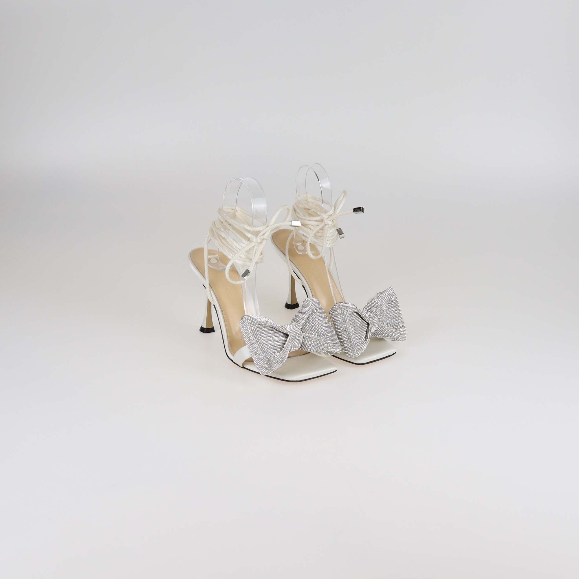 Mach & Mach White/Silver Leather & Crystal Bow Ankle Wrap Sandals
