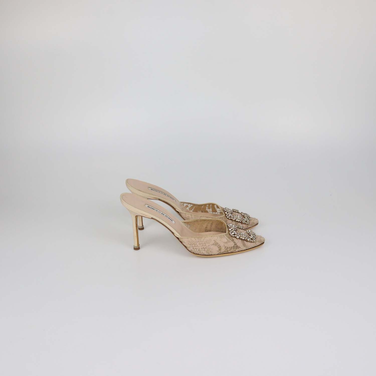 Manolo Blahnik Nude Lace Hangisi Crystal Mule