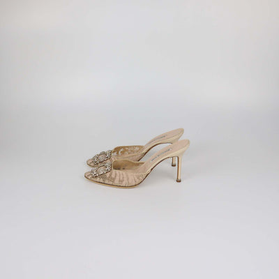 Manolo Blahnik Nude Lace Hangisi Crystal Mule