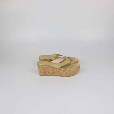 Jimmy Choo Beige Patent Leather Pathos Thong Wedge Sandals