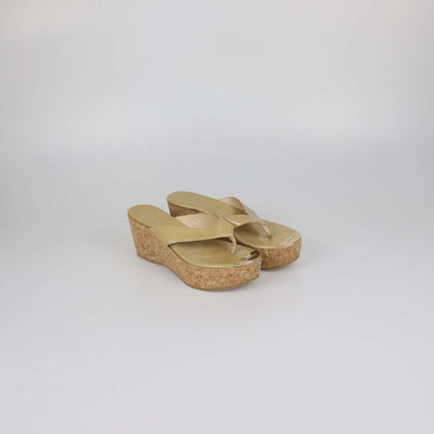 Jimmy Choo Beige Patent Leather Pathos Thong Wedge Sandals