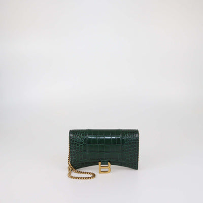 Balenciaga Green Croc Embossed Leather Hourglass Wallet on Chain