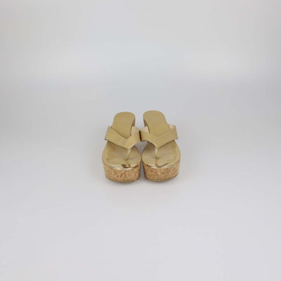 Jimmy Choo Beige Patent Leather Pathos Thong Wedge Sandals