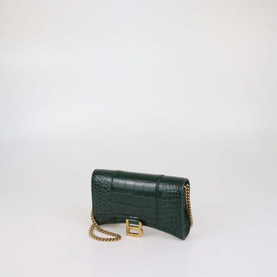 Balenciaga Green Croc Embossed Leather Hourglass Wallet on Chain