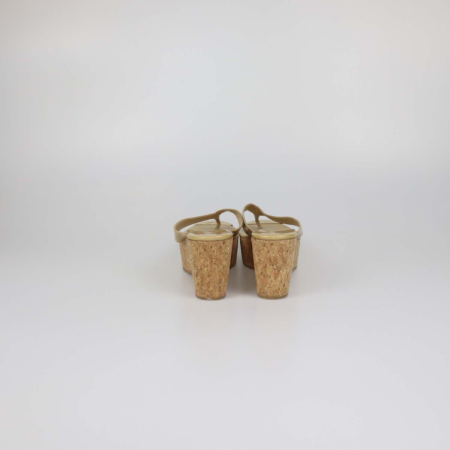 Jimmy Choo Beige Patent Leather Pathos Thong Wedge Sandals
