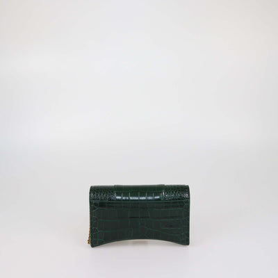 Balenciaga Green Croc Embossed Leather Hourglass Wallet on Chain