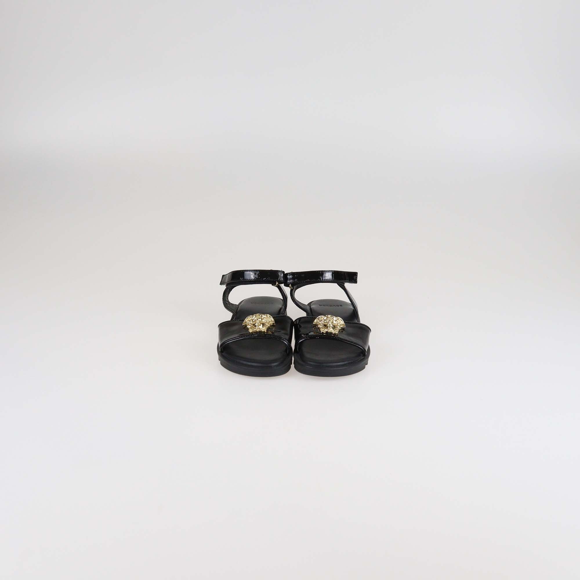 Versace Kids Black Patent Leather Medusa Ankle Sandals