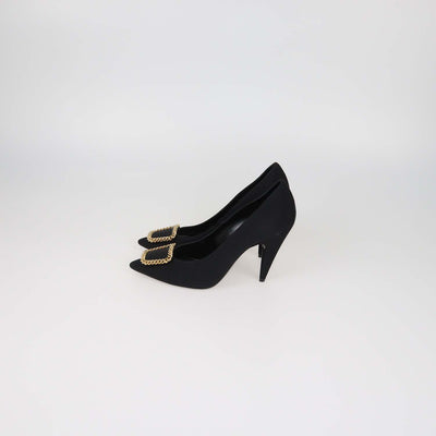 Saint Laurent Black Fabric Chain Embellished Pointed Toe Pumps