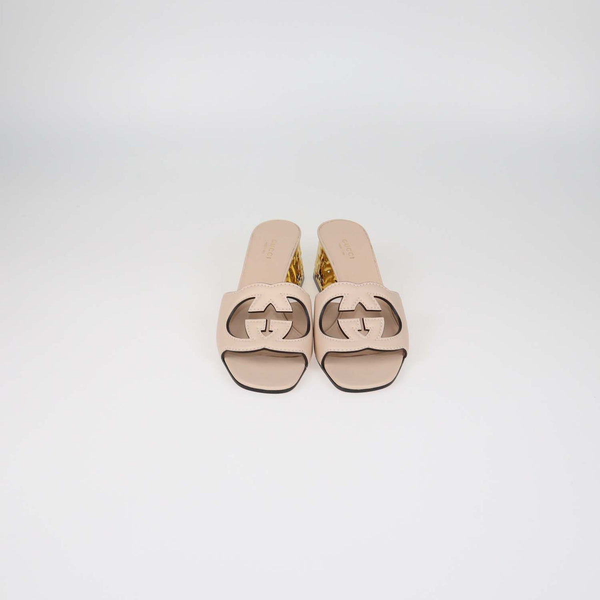 Gucci Light Pink Leather Cut Out Interlocking G Slide Sandals