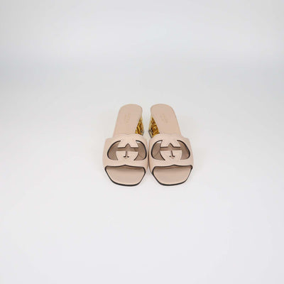 Gucci Light Pink Leather Cut Out Interlocking G Slide Sandals