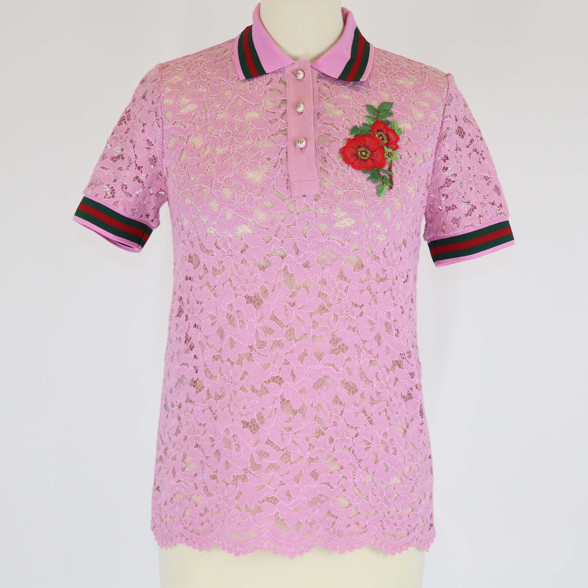 Gucci Black Cotton Lace Floral Embroidered Polo T-Shirt