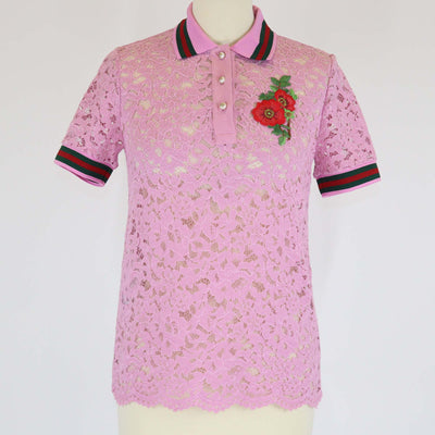 Gucci Black Cotton Lace Floral Embroidered Polo T-Shirt
