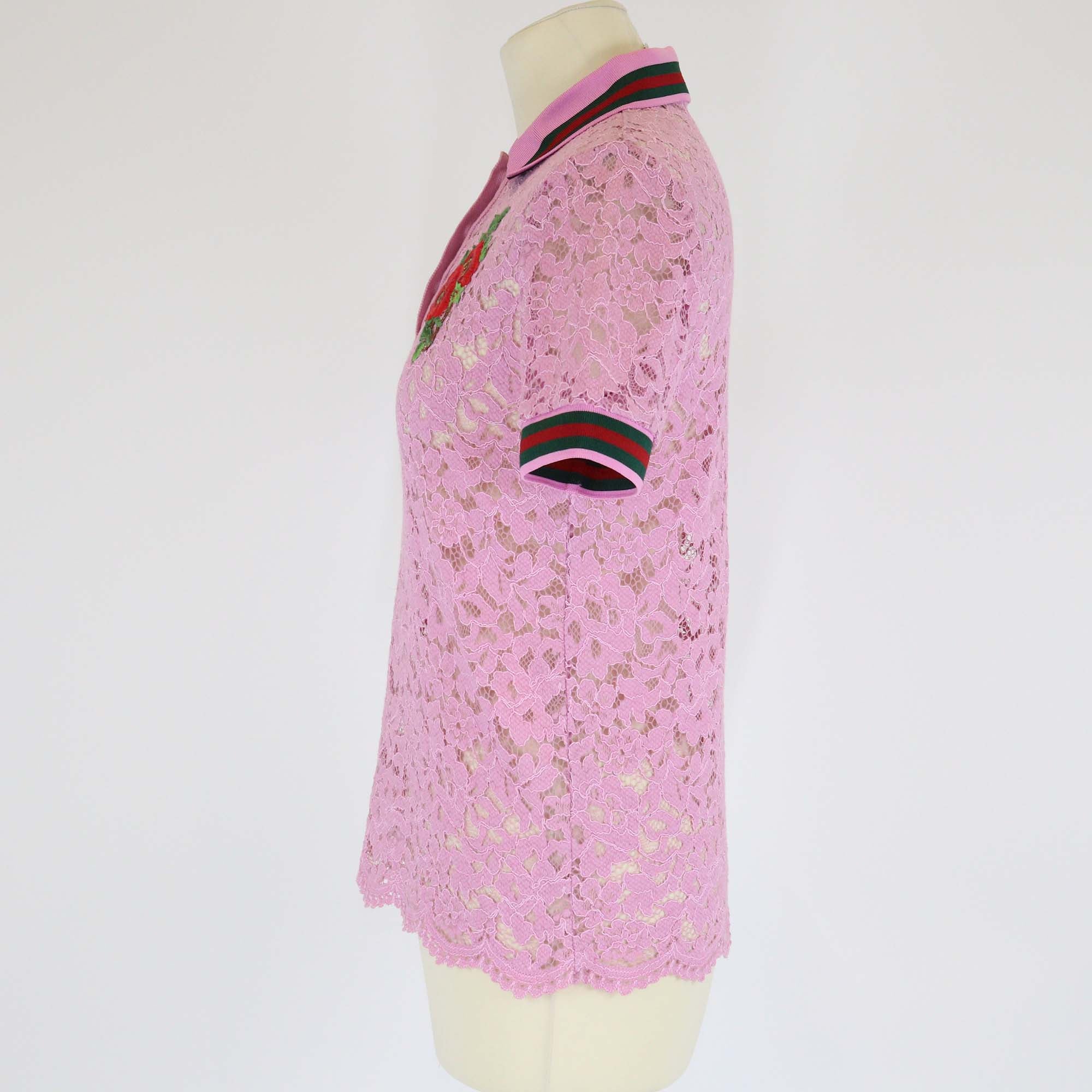 Gucci Black Cotton Lace Floral Embroidered Polo T-Shirt