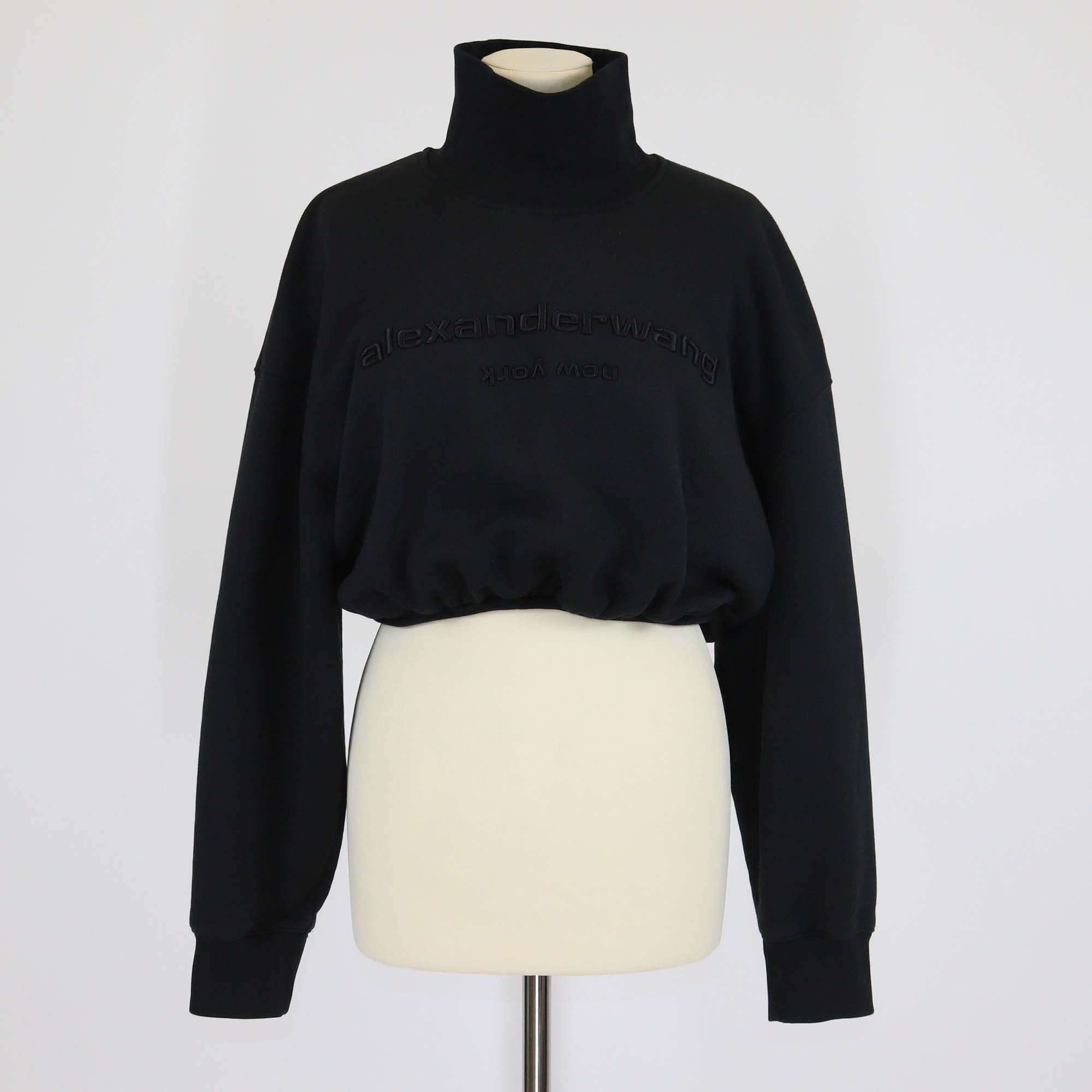 Alexander Wang Black Cotton Cropped Logo Embroidered Turtleneck Sweater