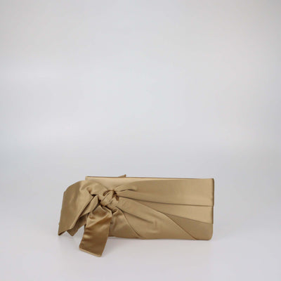 Valentino Metallic Beige Satin Pleated Bow Clutch