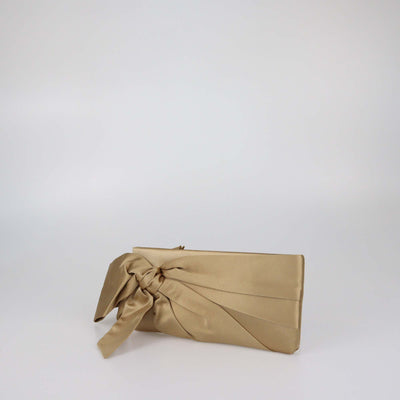 Valentino Metallic Beige Satin Pleated Bow Clutch