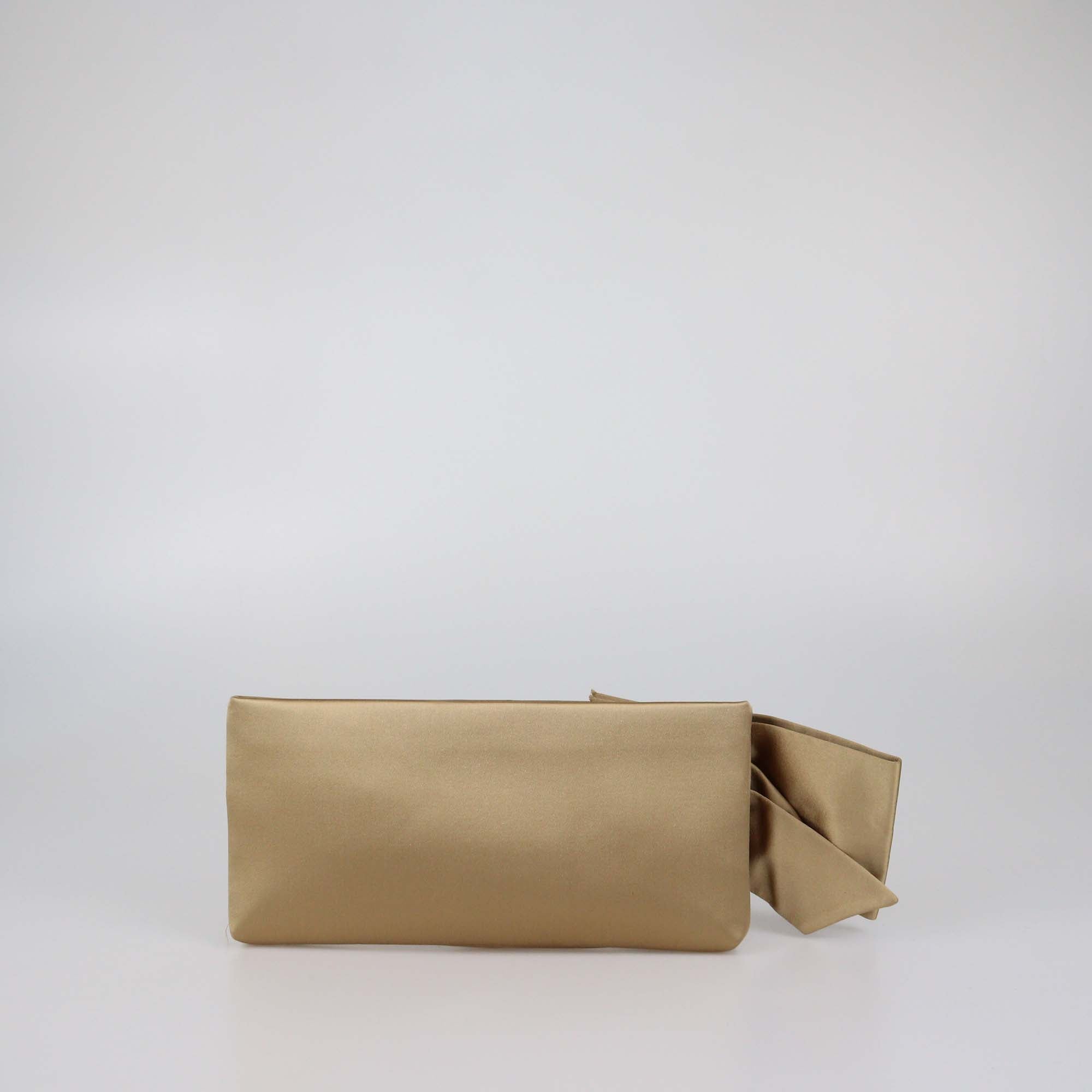 Valentino Metallic Beige Satin Pleated Bow Clutch