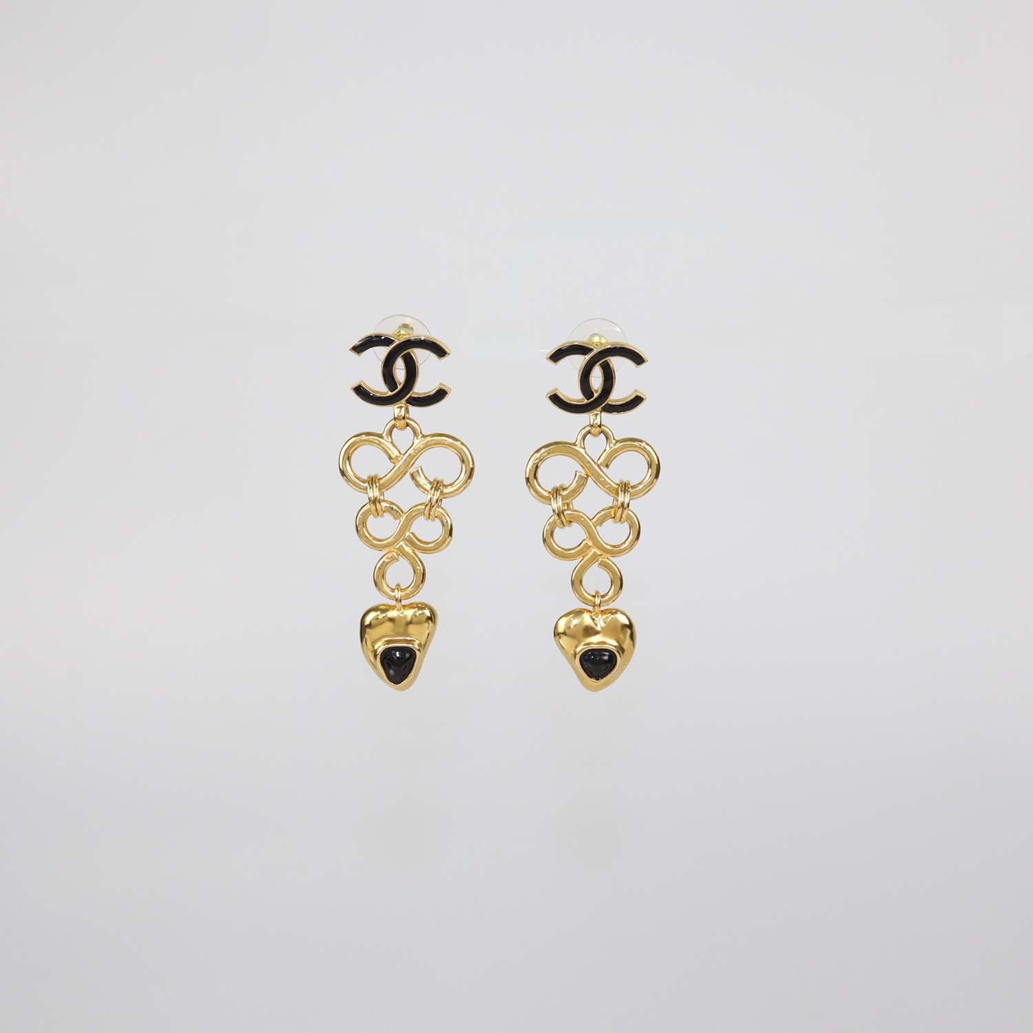 Chanel Gold Tone Metal Black Resin Hearts CC Logo Drop Earrings