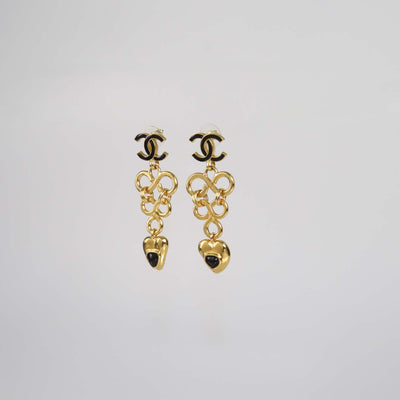 Chanel Gold Tone Metal Black Resin Hearts CC Logo Drop Earrings