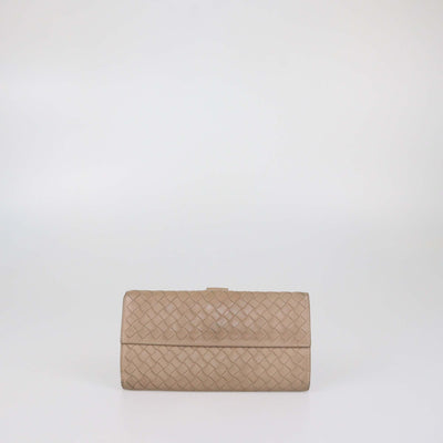 Bottega Veneta Beige Intrecciato Leather Long French Wallet