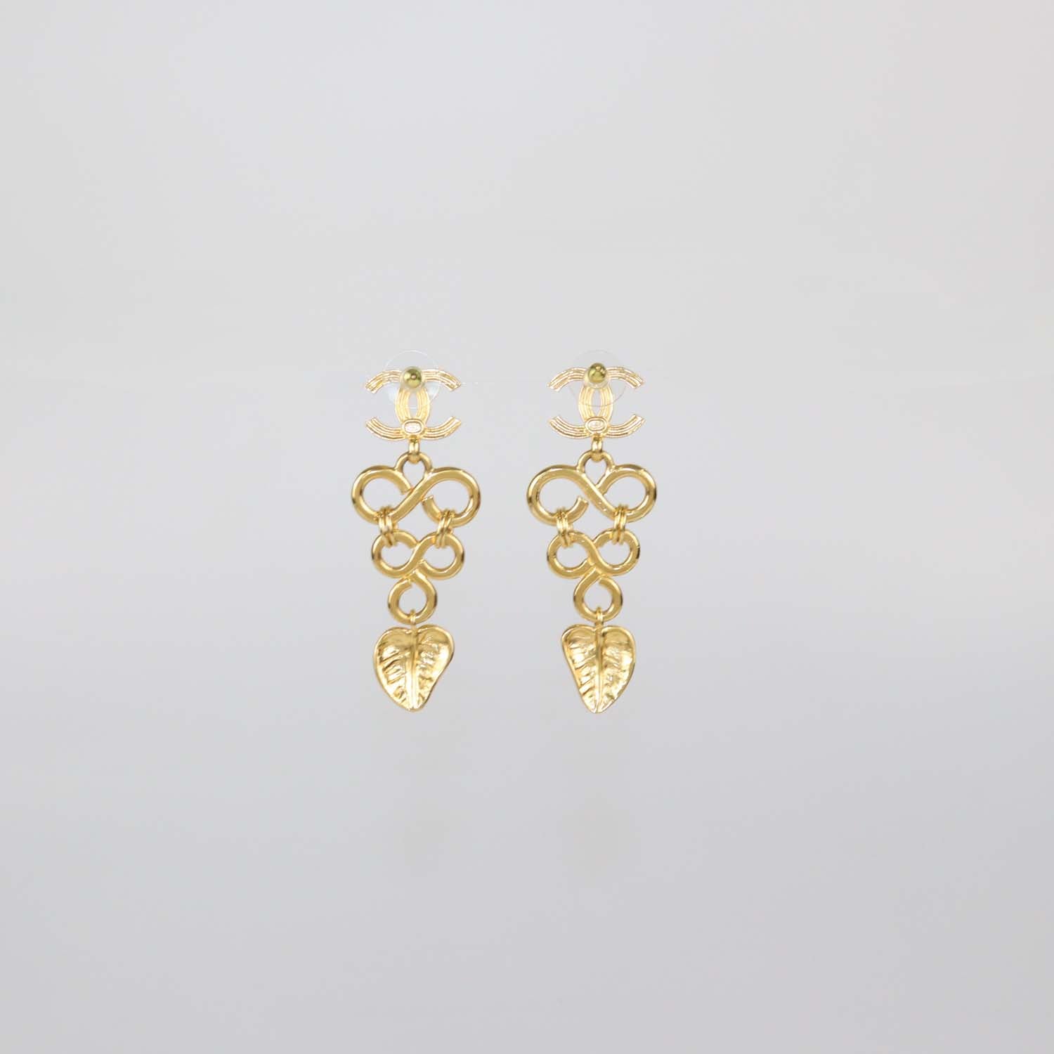 Chanel Gold Tone Metal Black Resin Hearts CC Logo Drop Earrings