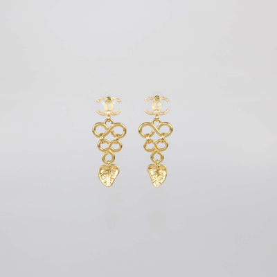 Chanel Gold Tone Metal Black Resin Hearts CC Logo Drop Earrings