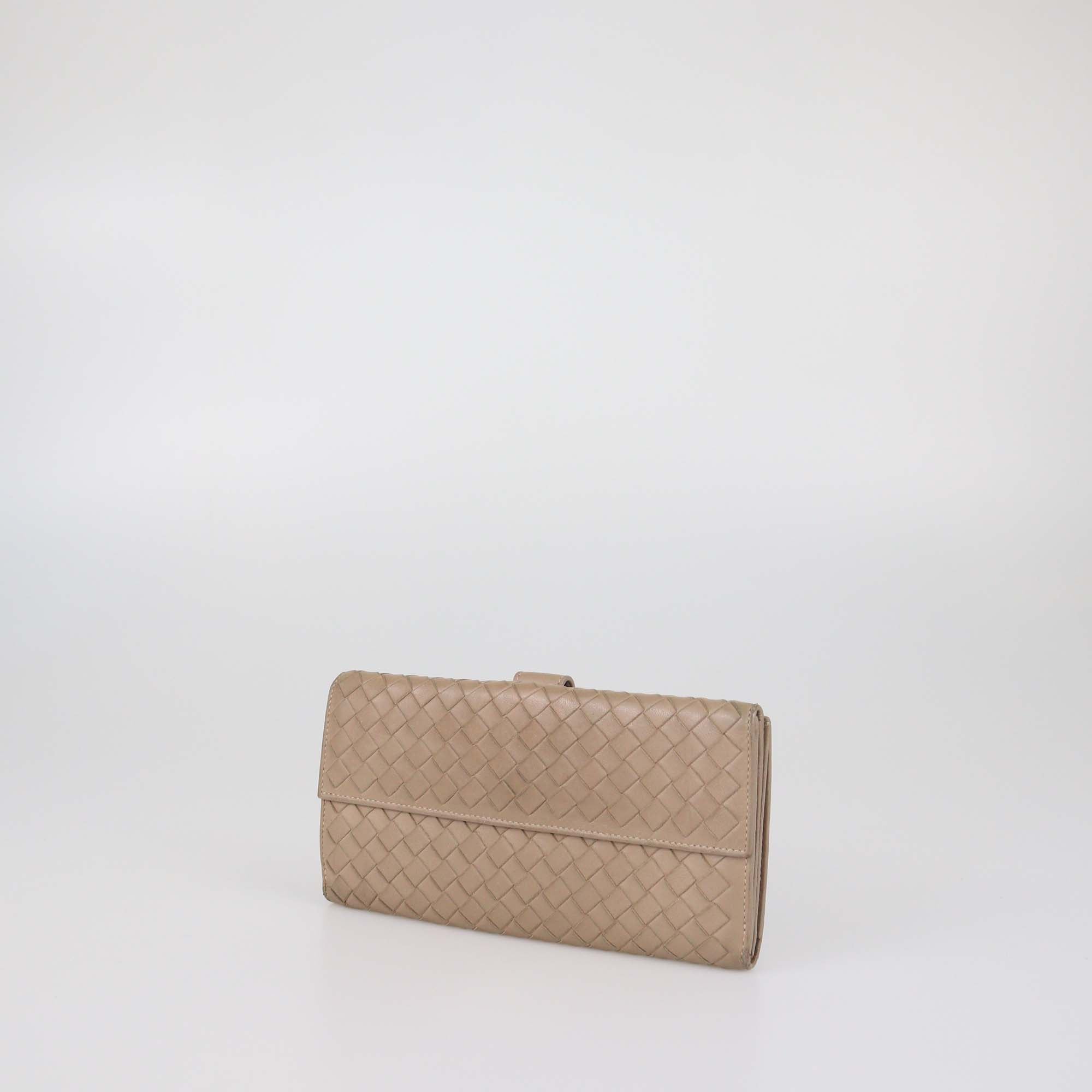 Bottega Veneta Beige Intrecciato Leather Long French Wallet
