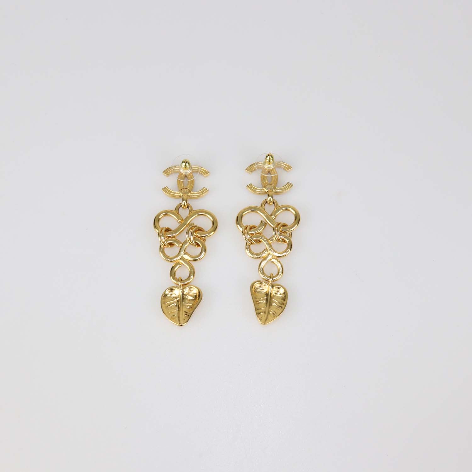 Chanel Gold Tone Metal Black Resin Hearts CC Logo Drop Earrings
