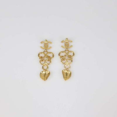 Chanel Gold Tone Metal Black Resin Hearts CC Logo Drop Earrings