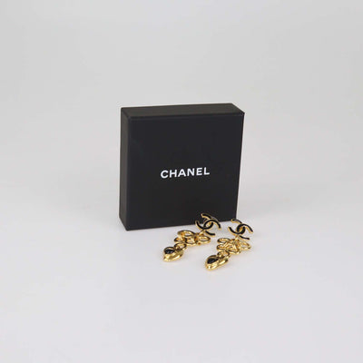 Chanel Gold Tone Metal Black Resin Hearts CC Logo Drop Earrings