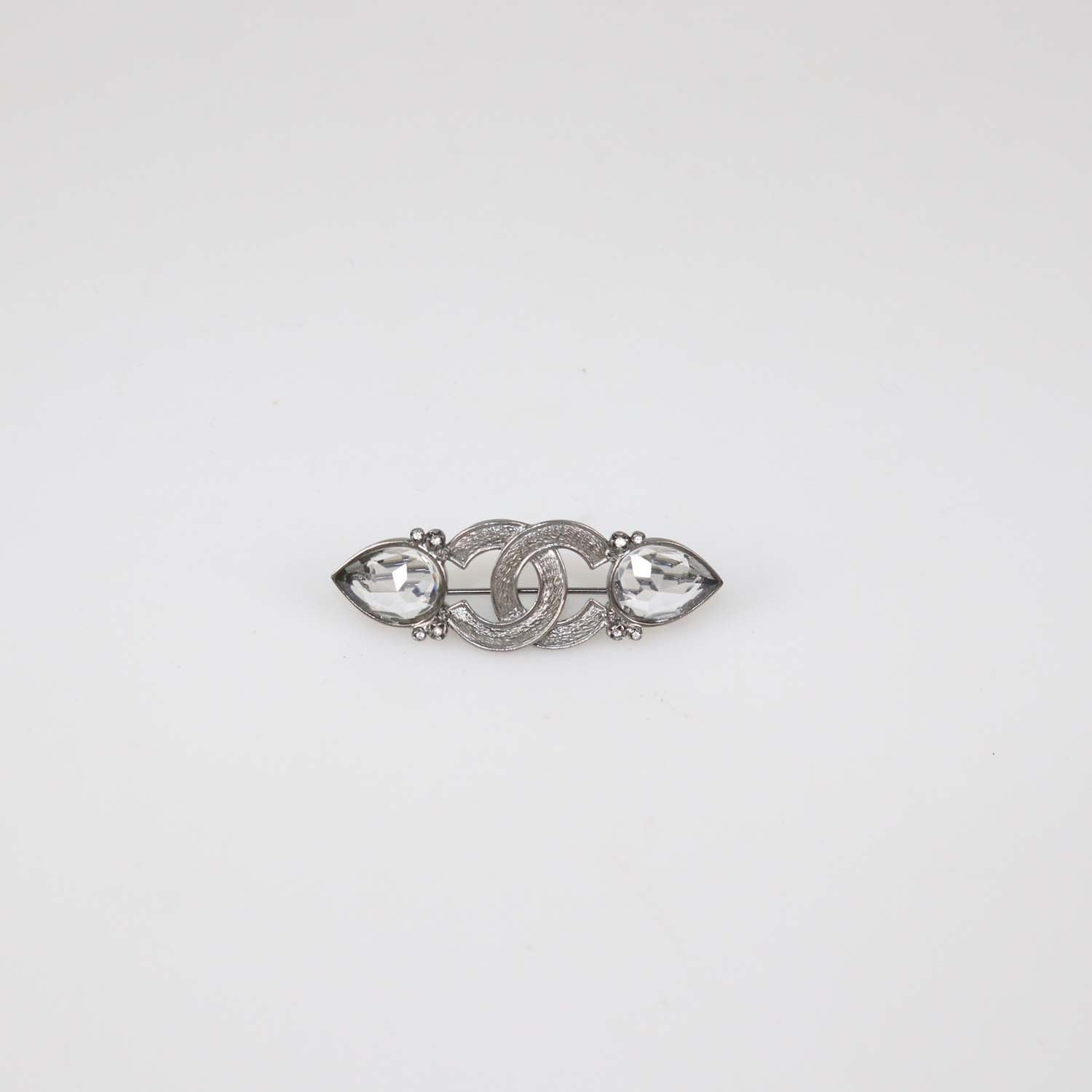 Chanel Silver Tone Metal Crystal CC Logo Pin Brooch