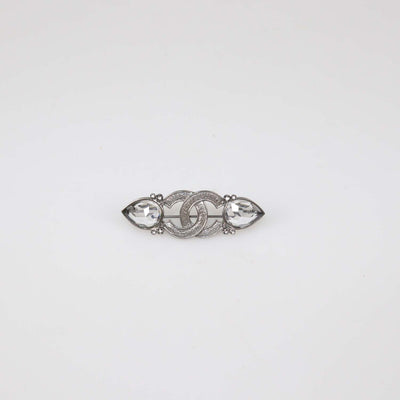 Chanel Silver Tone Metal Crystal CC Logo Pin Brooch