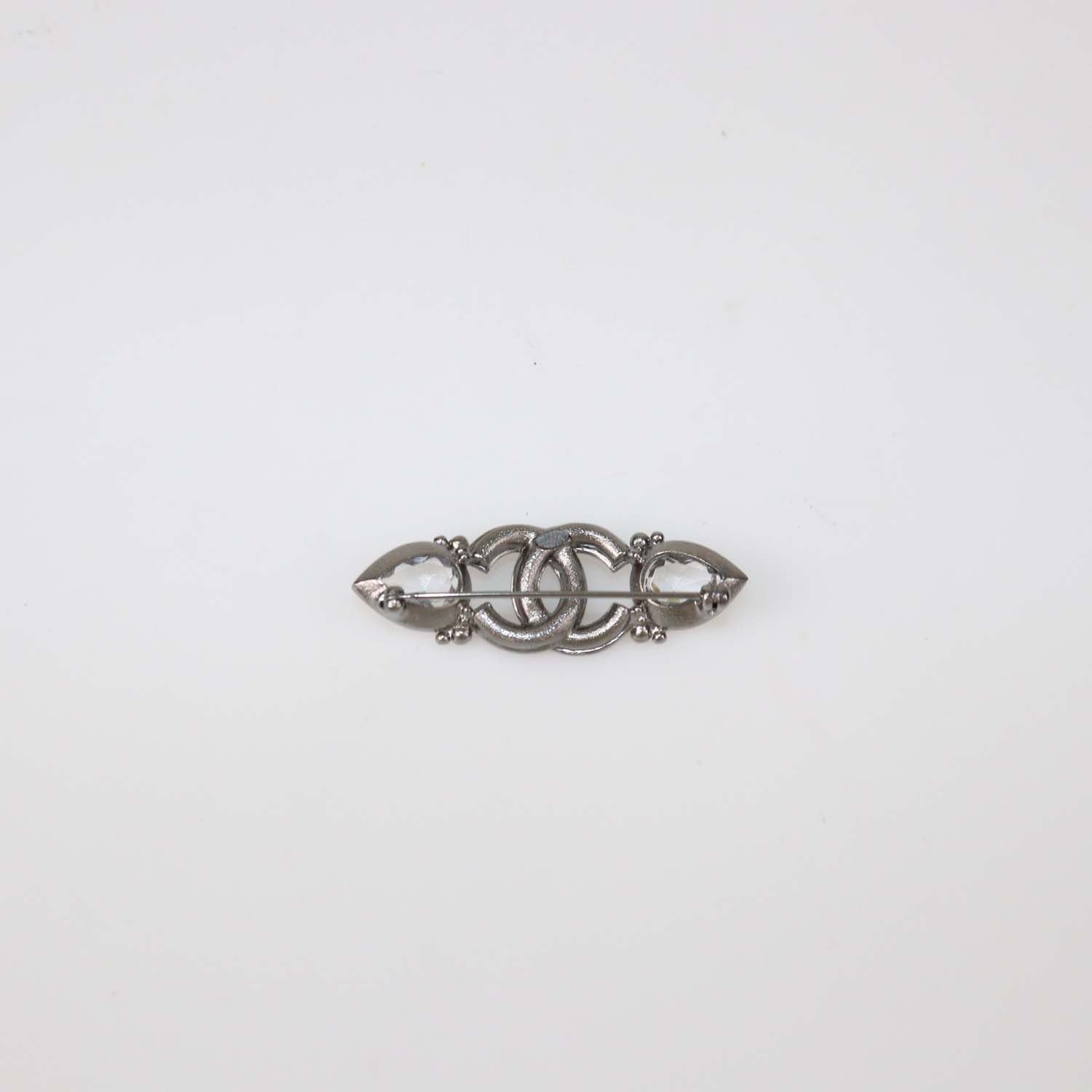 Chanel Silver Tone Metal Crystal CC Logo Pin Brooch