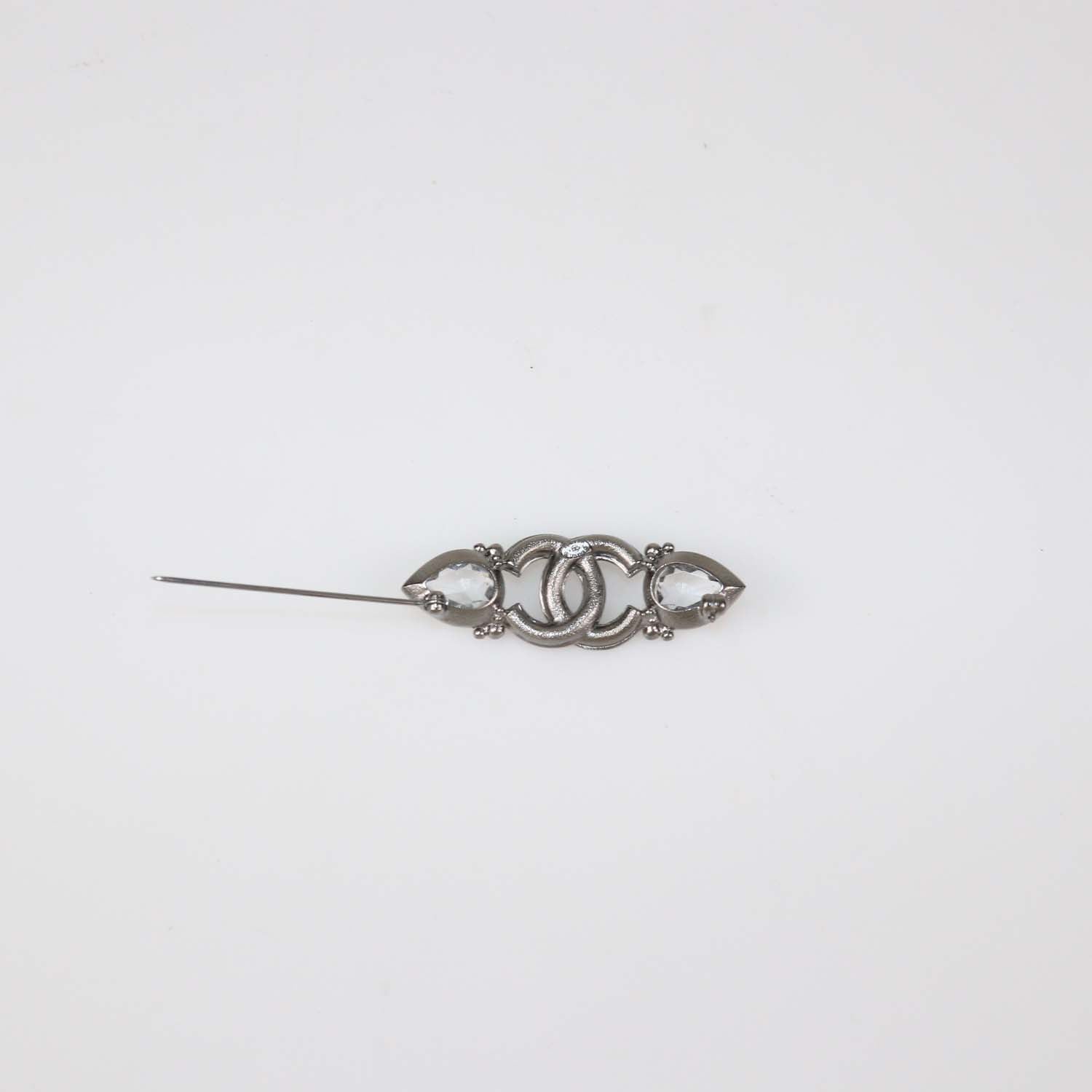 Chanel Silver Tone Metal Crystal CC Logo Pin Brooch